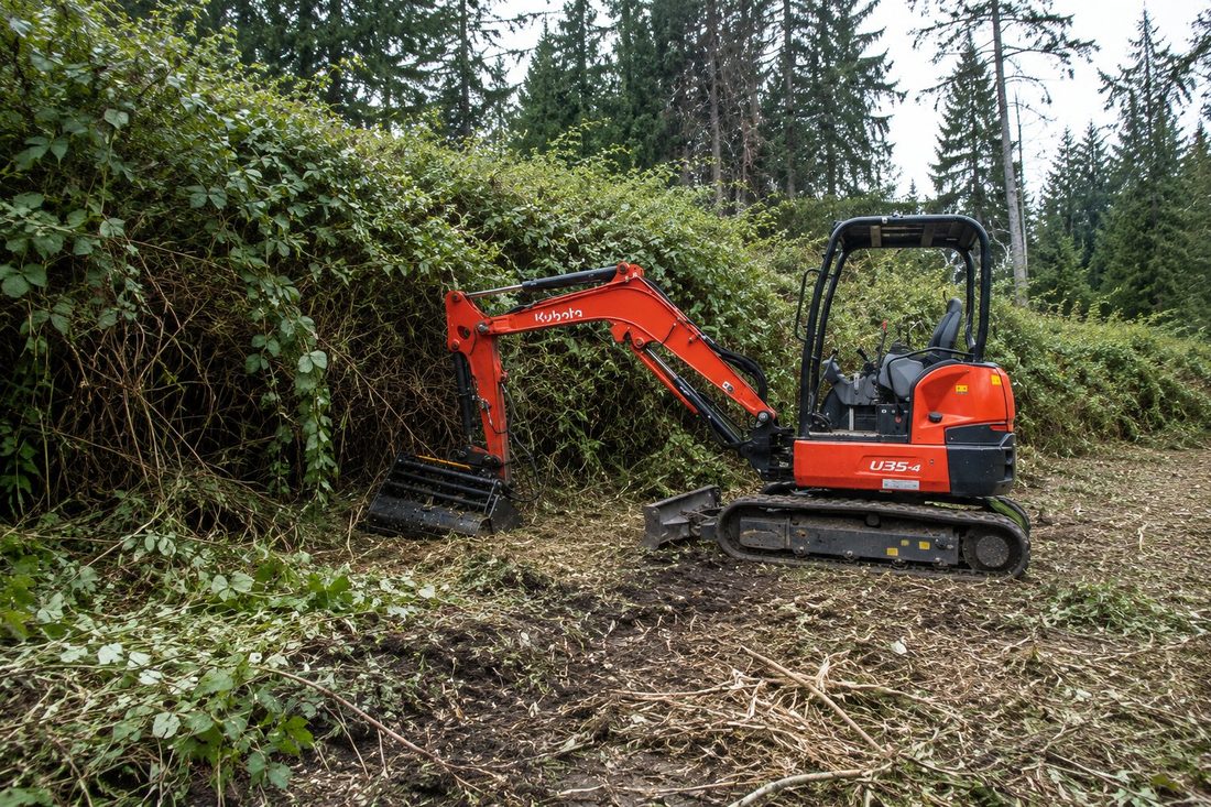 Kubota U35 excavator clearing blackberries in King County WA