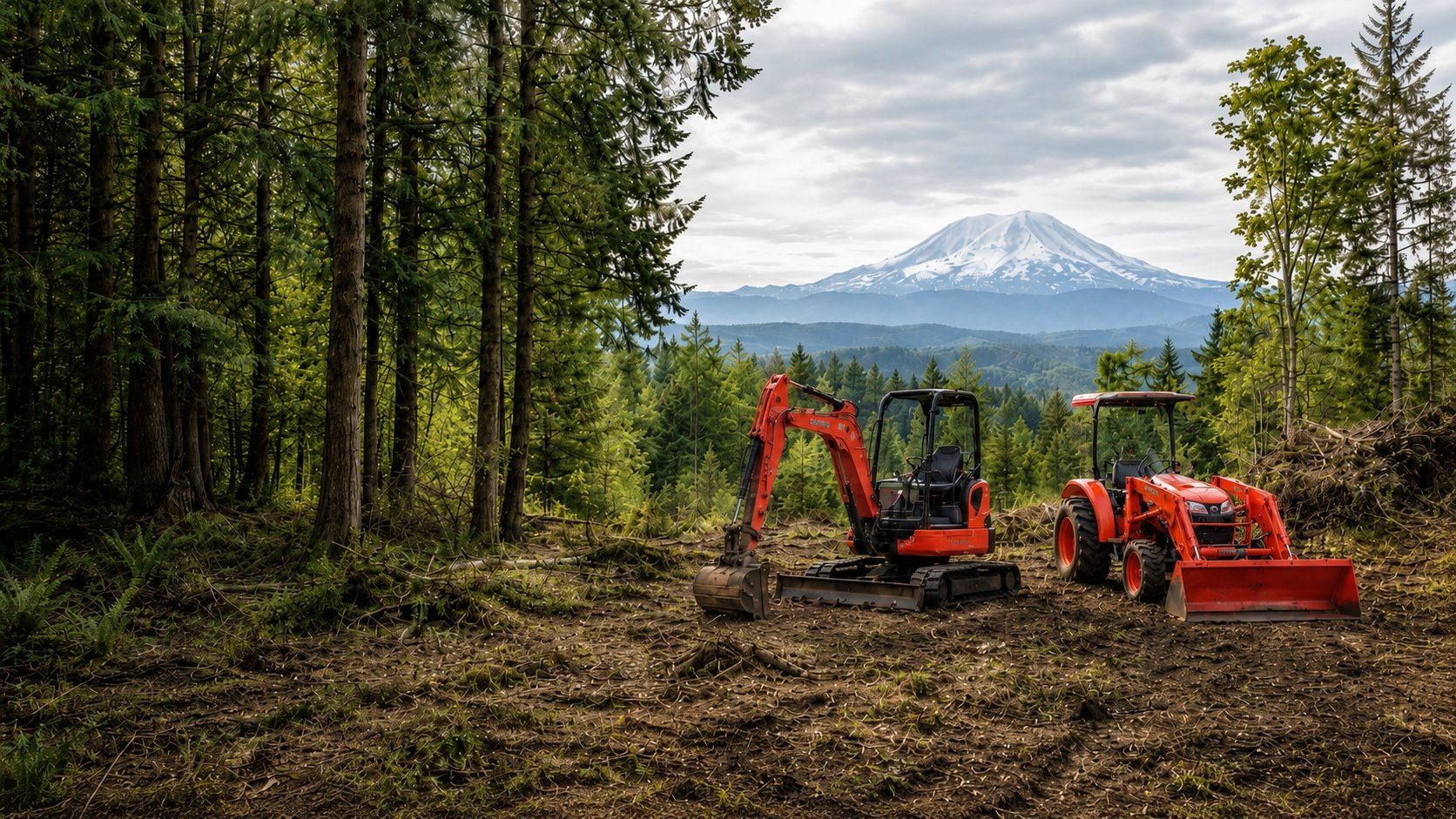 Left Coast Land Management Kubota equipment clearing land with Mount Rainier behind